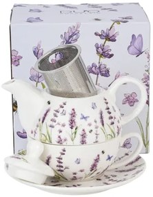 Levendulás porcelán egyszemélyes teáskészlet szűrővel díszdobozban