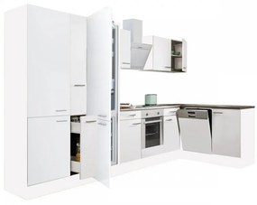 Yorki 370 sarok konyhabútor fehér korpusz,selyemfényű fehér front alsó sütős elemmel polcos szekrénnyel, alulfagyasztós hűtős szekrénnyel
