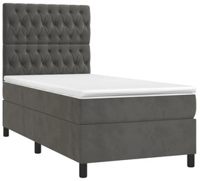 sötétszürke bársony rugós és LED-es ágy matraccal 90x200 cm