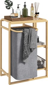 HOMCOM Szennyes Kosár Kihúzható Táskával, Fürdőszobai Szennyes Kosár Lécezett Polcokkal Bambuszból, 50x32x70 cm, Szürke | Aosom