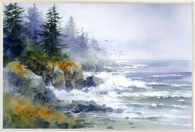 Poszter Keret Alumínium Tájkép Tenger Hullámok Part Erdő Sziklák Fák 60x40