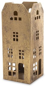 Patinás arany szín fém toronyház jellegű mécsestartó házikó ablakokkal 22x9x9cm
