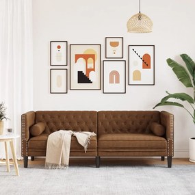 3 személyes barna műbőr Chesterfield kanapé hengerpárnákkal