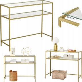 Oldalsó konzol asztal téglalap alakú edzett üveg 100x35x80cm 2 polc Arany