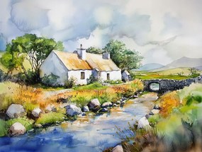 Vászonkép Canvas Tájkép Írország Falu Ház Híd Patak Kilátás 80x60