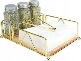 Fém asztali szalvétatartó fa alappal és tárolóval, arany