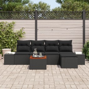 6 darabos Kerti Kanapé Szett Párnákkal, Fekete Poli Rattan Acacia