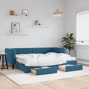 kék kihúzható bársony heverő fiókokkal 80 x 200 cm