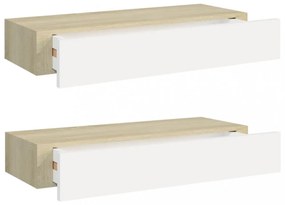 2 db tölgyszínű és fehér MDF fiókos fali polc 60 x 23,5 x 10 cm