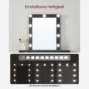 Fésülködőasztal, állítható fényerősségű led lámpákkal, fekete