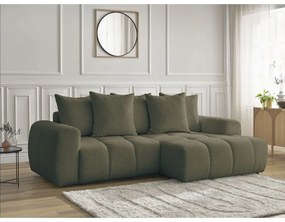 Khaki buklé kinyitható-tárolóhelyes sarokkanapé (jobb oldali-heverő résszel) Roxelane – Bobochic Paris