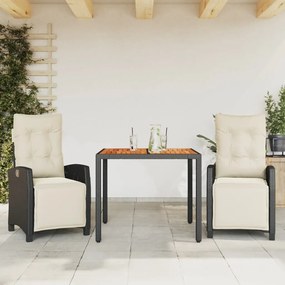 3 részes fekete polyrattan kerti étkezőgarnitúra párnákkal