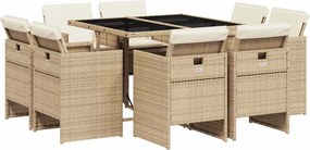 vidaXL 9 részes bézs polyrattan kerti étkezőgarnitúra párnákkal