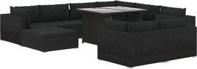 vidaXL 10-részes fekete polyrattan kerti bútorszett párnákkal