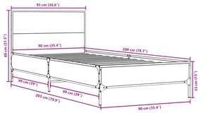 füstös tölgyszínű szerelt fa és fém ágykeret 90 x 200 cm