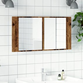 antik fa színű szerelt fa tükrösszekrény LED-del 90x12x45 cm