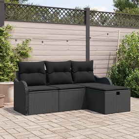 4 Részes Kerti Sofa Szett Párnákkal Fekete Poli Rattan