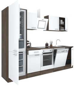 Yorki 280 konyhabútor yorki tölgy korpusz,selyemfényű fehér front alsó sütős elemmel alulfagyasztós hűtős szekrénnyel
