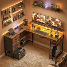 HOMCOM Gamer asztal, LED világítással-konnektorral, 4 fiókkal, monitorállvánnyal, barna