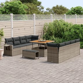 11 Darabos Kert Fotel Szett Párnákkal Szürke Poli Rattan Akác, 3 Darabos Kerti Étkező Szett Párnákkal Szürke Poli Rattan Akác