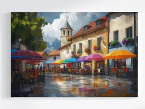 Vászonkép Canvas Város Tér Utca Kávézók Napernyők Templom 120x80