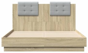 sonoma tölgy színű ágykeret fejtámlával és LED-ekkel 135x190 cm