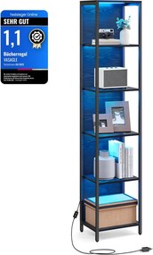 VASAGLE 6 szintes könyvespolc állítható LED-világítással, 178,6 cm, ébenfekete