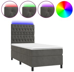 sötétszürke bársony rugós és LED-es ágy matraccal 90x200 cm