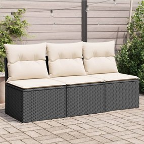 Fekete 3 személyes polyrattan kerti kanapé párnákkal