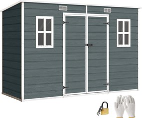 Outsunny kerti tároló 3,2 m² (34,5 ft²), 303×123×197 cm (9'11" x 4'0" x 6'6") — műanyag tároló ablakokkal, dupla ajtóval, zárható szellőzővel, fa hatá