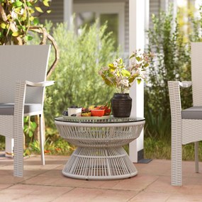 Outsunny Kerek Kerti Kávézó Asztal, Rattan Kábelhatású Oldal Asztal Edzett Üveg Felsővel Ø60 x 37H cm Világosszürke | Aosom