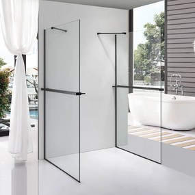 Stuxi Milano Gate Black Plus 2 falsíkra szerelhető, két oldalfalas walk-in zuhanyfal, 130x140 cm, 8 mm vastag vízlepergető biztonsági üveggel, helytakarékos sarokmerevítőkkel