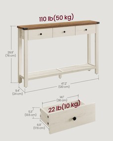 Keskeny konzolasztal 3 fiókkal és nyitott polccal, vidéki stílusban