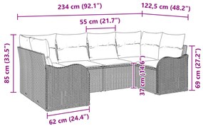 6 Részes Kert Kanapé Szett Párnákkal Szürke Poli Rattan, 2-Fős Kert Kanapé Párnákkal Szürke Poli Rattan
