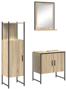 3 darabos Fürdőszoba Bútor Szett Sonoma tölgy Műanyag, Fürdőszoba Tükör Polccal Sonoma tölgy 50x12x60 cm Műanyag