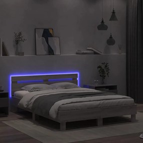 szürke sonoma színű ágykeret fejtámlával és LED-del 140x190 cm