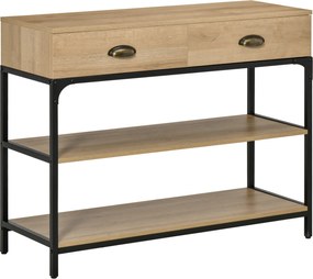 HOMCOM Konzol Asztal Előszobai Asztal 2 Fiókkal és 2 Polccal Acél Váz Előszobai Bútor 100x35x79.2 cm Tölgy | Aosom