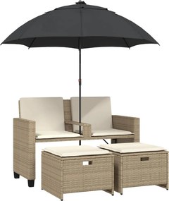 vidaXL 2 személyes bézs polyrattan kerti kanapé napernyővel/székkel