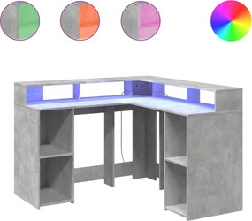 vidaXL betonszürke szerelt fa íróasztal LED-világítással 130x130x91 cm