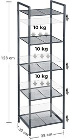 fürdőszobai polc, 5 szintes tároló állvány, fekete