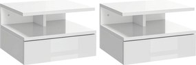 HOMCOM 2 db Felfüggeszthető Éjjeli Szekrény 1 Fiókkal és Nyitott Polccal a Hálószobába 35x32x22.5 cm Fényes Fehér | Aosom