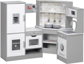 AIYAPLAY Gyerek Fa Játék Konyha +3 Év Mese Konyha Hanggal, Tűzhellyel, Sütővel, Csapteleppel, Mosogatóval, Mikrohullámú Sütővel és Kiegészítőkkel Szür