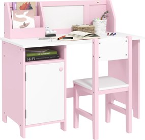 HOMCOM Gyerek Fa Asztal és Szék Szett - Fehér Táblával 5 Éves Korosztály Számára 90x45x85 cm Rózsaszín | Aosom