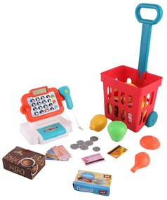 Játék bolti pénztárgép tele bevásárlókocsival, 32 db-os