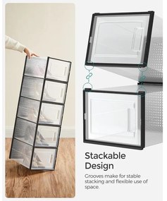 Cipősdobozok, 18 darabos szett, műanyag cipőrendezők 46-os méretig, átlátszó/fekete