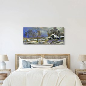 Téli tájon lévő házikó képe, olajfestmény (120x50 cm)