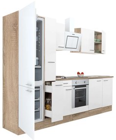 Yorki 300 konyhabútor sonoma tölgy korpusz,selyemfényű fehér front alsó sütős elemmel alulfagyasztós hűtős szekrénnyel