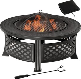 Outsunny Tűzrakóhely Pokerrel és Szikravédő Rácsos Tűzrakó Asztal, Kerek Tűzrakóhely a Kerthez, Kempinghez, BBQ-hoz, Acél Fekete 81 x 81 x 50 cm | Aos
