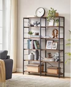 6 szintes könyvespolc, magas tárolópolc, 30 x 120 x 170 cm, barna és fekete