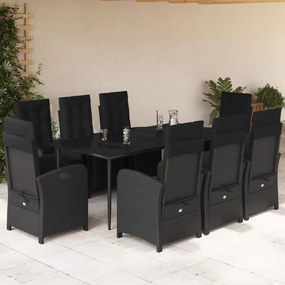 9 részes fekete polyrattan kerti étkezőgarnitúra párnákkal
